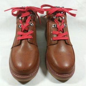 Brown faux leather with red laces boots